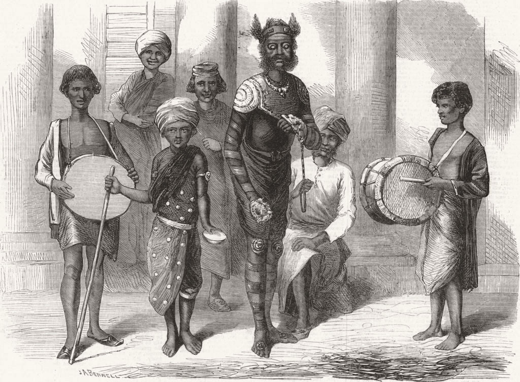 INDIA. Indian Harlequin playing tiger 1864 old antique vintage print picture